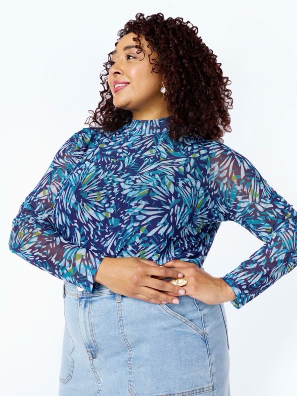 DG2 by Diane Gilman Navy & Teal Printed Mock Neck Long-Sleeve Top